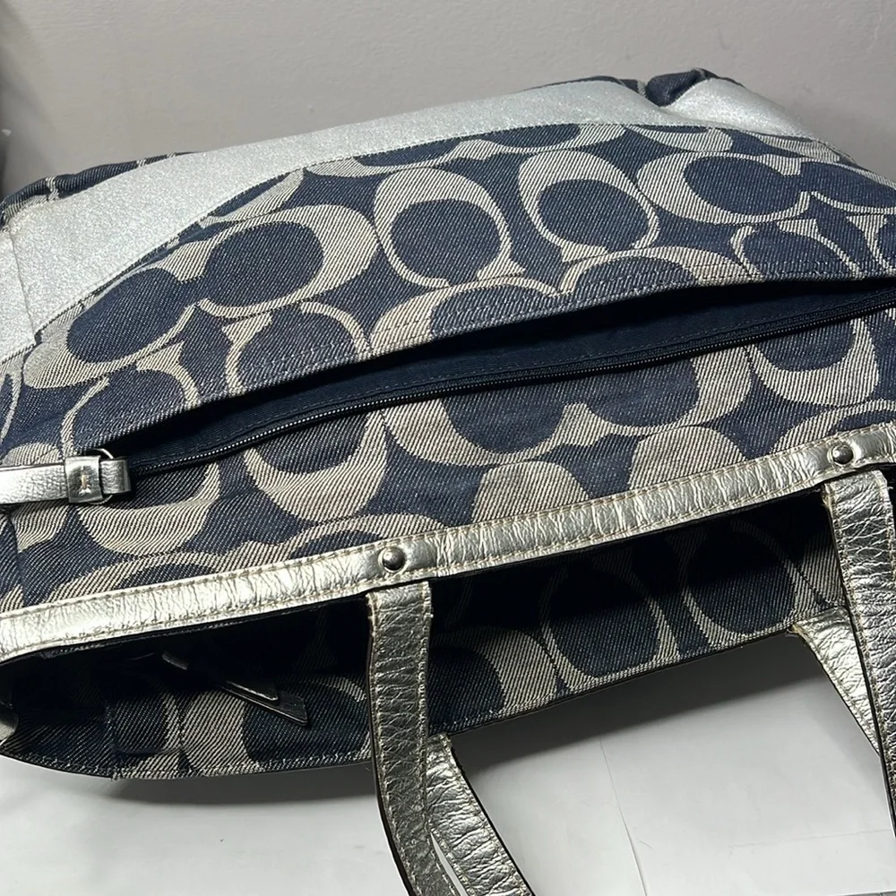 Coach XL Denim Blue and Silver Leather Zip Top Diaper Tote Travel Bag